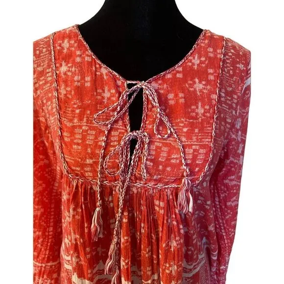 Lola Australia Floral Print Tasseled Front 100% Cotton Boho Dress Red Womens S