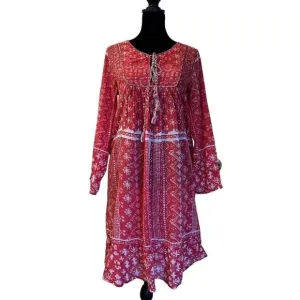 Lola Australia Floral Print Tasseled Front 100% Cotton Boho Dress Red Womens S