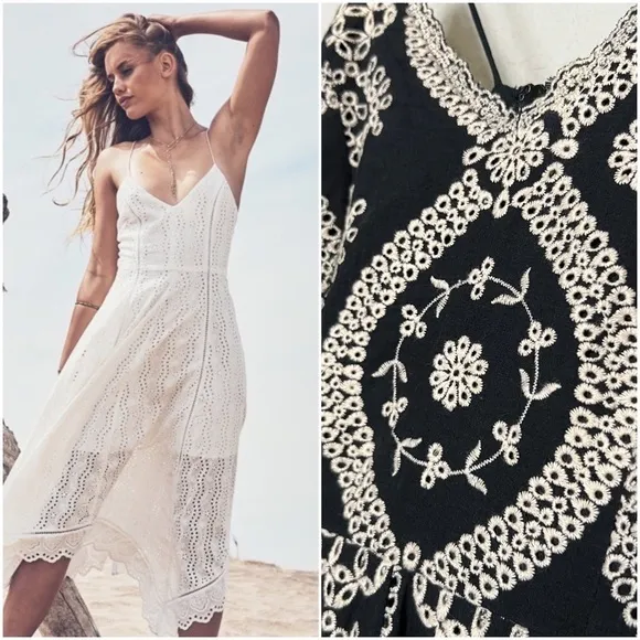 LOVESHACKFANCY Floral Embroidered Sleeveless V-Neck Fit &amp; Flare Midi Dress S