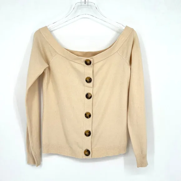 LPA Sweater women's M Off The Shoulder Cream Button Down Cardigan Boat Neck