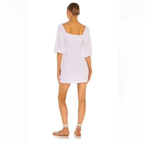 L*SPACE Linen Marina Dress White Mini Puff Cinched Sleeves Square Neck Poplin M
