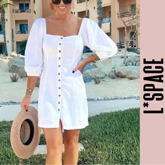 L*SPACE Linen Marina Dress White Mini Puff Cinched Sleeves Square Neck Poplin M
