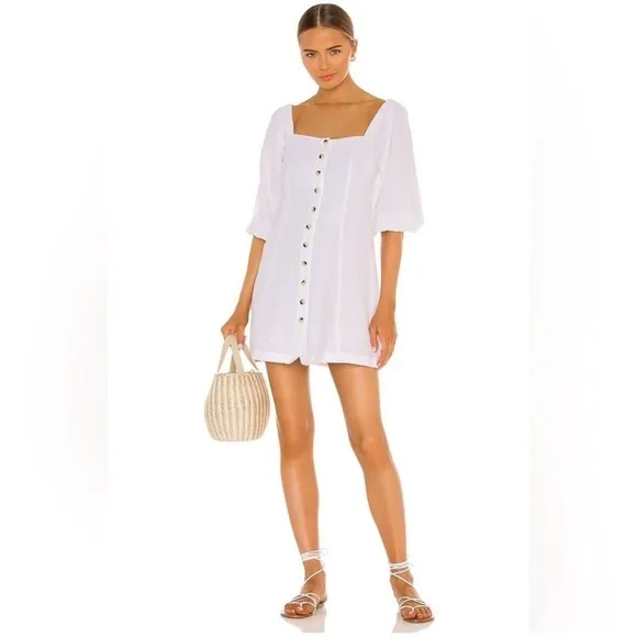L*SPACE Linen Marina Dress White Mini Puff Cinched Sleeves Square Neck Poplin M