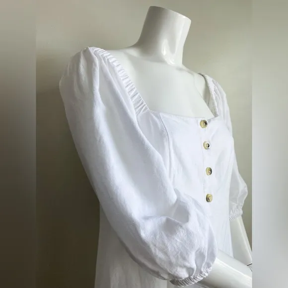 L*SPACE Linen Marina Dress White Mini Puff Cinched Sleeves Square Neck Poplin M