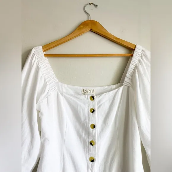 L*SPACE Linen Marina Dress White Mini Puff Cinched Sleeves Square Neck Poplin M