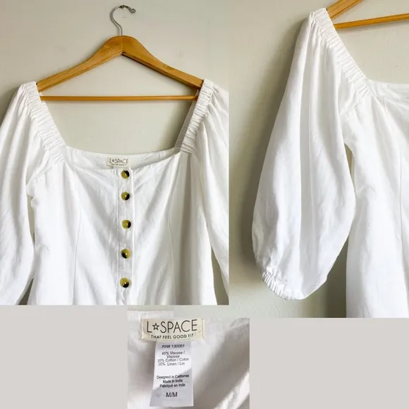 L*SPACE Linen Marina Dress White Mini Puff Cinched Sleeves Square Neck Poplin M
