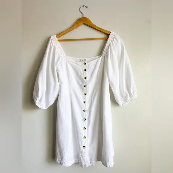 L*SPACE Linen Marina Dress White Mini Puff Cinched Sleeves Square Neck Poplin M