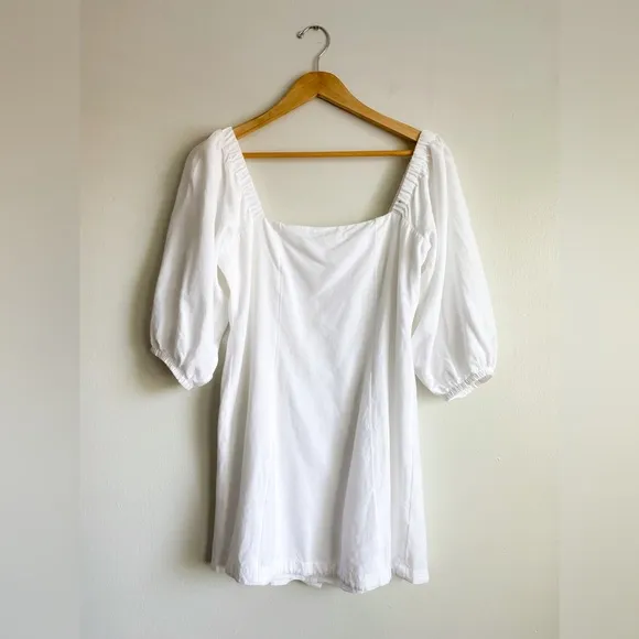 L*SPACE Linen Marina Dress White Mini Puff Cinched Sleeves Square Neck Poplin M
