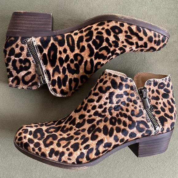 Lucky Brand Burklee Leopard Print Leather Side Zip Ankle Boots Women's Size 7.5