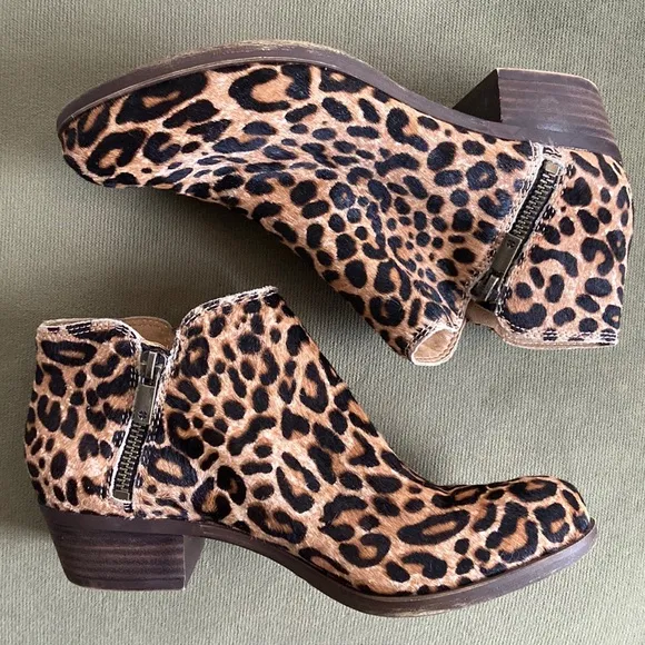 Lucky Brand Burklee Leopard Print Leather Side Zip Ankle Boots Women's Size 7.5