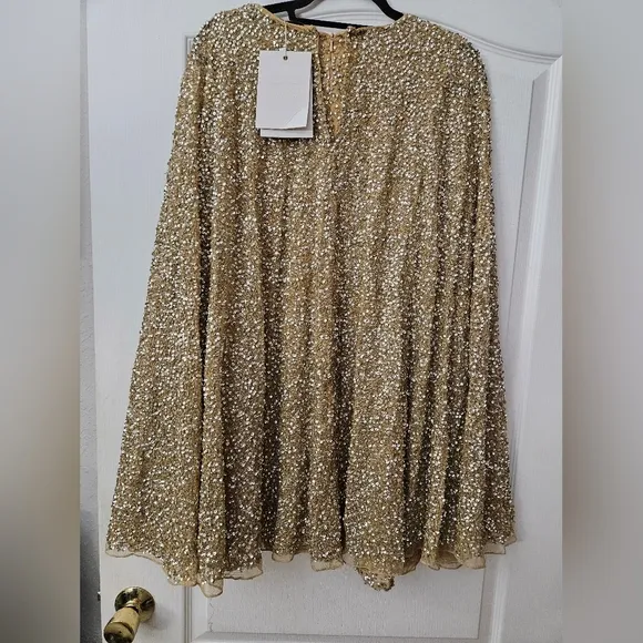 Mac Duggal 5931 Sequined Cape Sleeve Mini Dress in Gold SZ 8 NEW Flaw