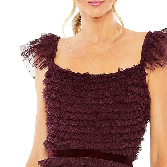Mac Duggal 8054 Womens Size 12  Amethyst Ruffle Cap Sleeve Tiered Midi Dress