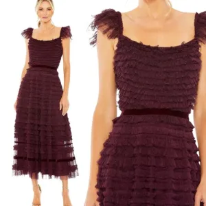 Mac Duggal 8054 Womens Size 12  Amethyst Ruffle Cap Sleeve Tiered Midi Dress