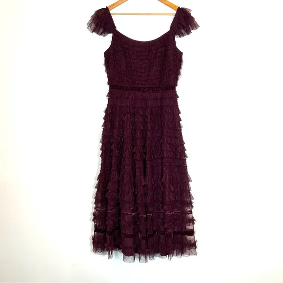 Mac Duggal 8054 Womens Size 12  Amethyst Ruffle Cap Sleeve Tiered Midi Dress