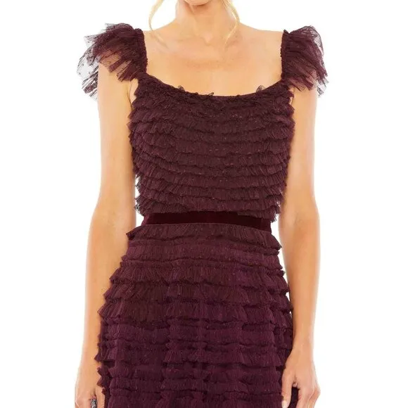 Mac Duggal 8054 Womens Size 12  Amethyst Ruffle Cap Sleeve Tiered Midi Dress