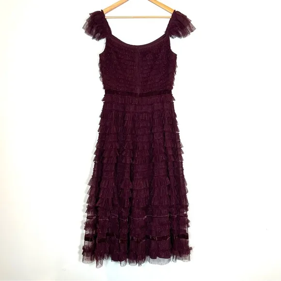 Mac Duggal 8054 Womens Size 12  Amethyst Ruffle Cap Sleeve Tiered Midi Dress