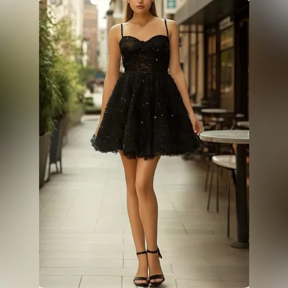 MAC DUGGAL Black Sequined Bustier Dress Lace Bustier Tulle Mini Dress - size 10