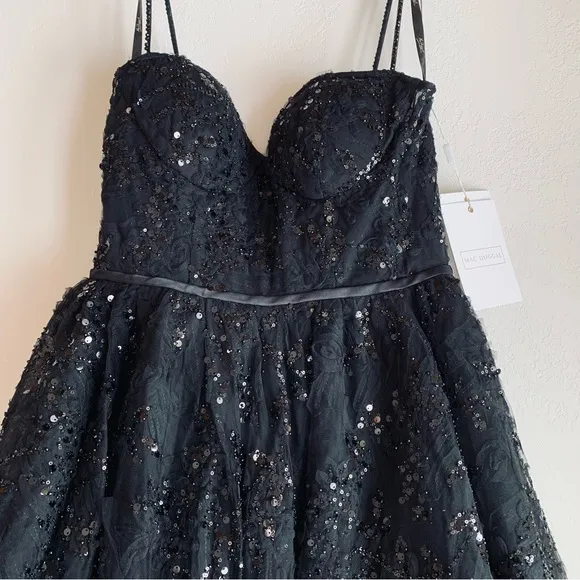 MAC DUGGAL Black Sequined Bustier Dress Lace Bustier Tulle Mini Dress - size 10