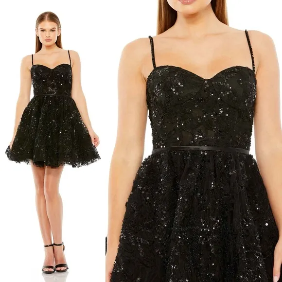 MAC DUGGAL Black Sequined Bustier Dress Lace Bustier Tulle Mini Dress - size 10