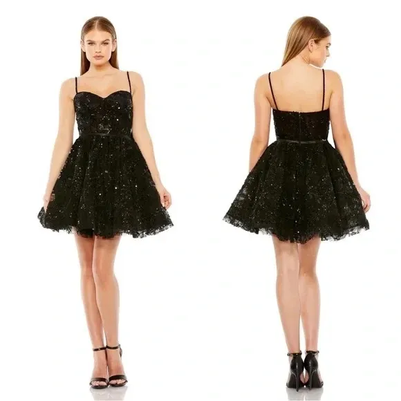 MAC DUGGAL Black Sequined Bustier Dress Lace Bustier Tulle Mini Dress - size 10