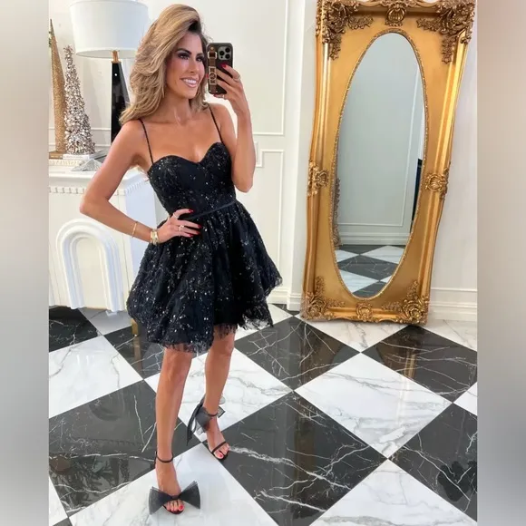 MAC DUGGAL Black Sequined Bustier Dress Lace Bustier Tulle Mini Dress - size 10