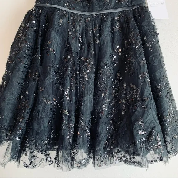 MAC DUGGAL Black Sequined Bustier Dress Lace Bustier Tulle Mini Dress - size 10