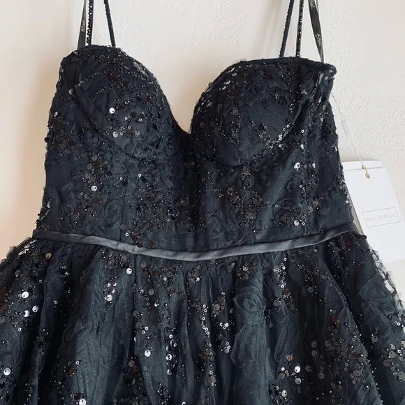MAC DUGGAL Black Sequined Bustier Dress Lace Bustier Tulle Mini Dress - size 10