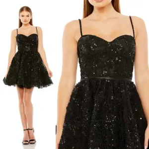 MAC DUGGAL Black Sequined Bustier Dress Lace Bustier Tulle Mini Dress - size 10