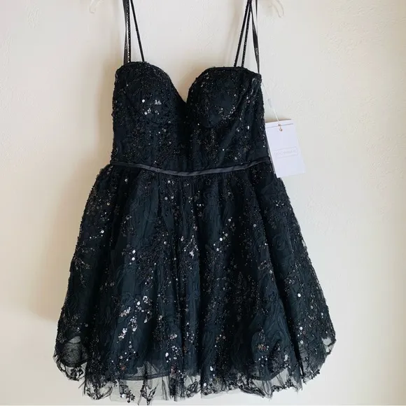 MAC DUGGAL Black Sequined Bustier Dress Lace Bustier Tulle Mini Dress - size 10