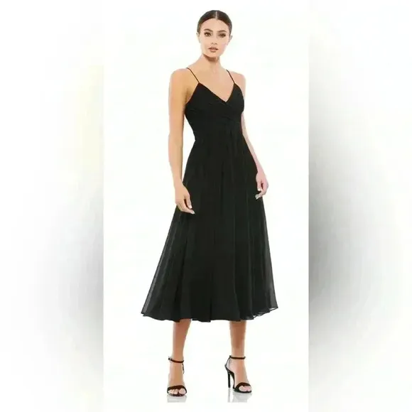 Mac Duggal Chiffon V-Neck Sleeveless Faux Wrap Flowy Midi Dress NWT Style 70099