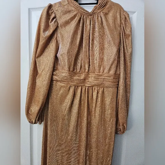 Mac Duggal Draped Glitter Fabric High Neck Puff Sleeve Trumpet Gown SZ 12 NWT