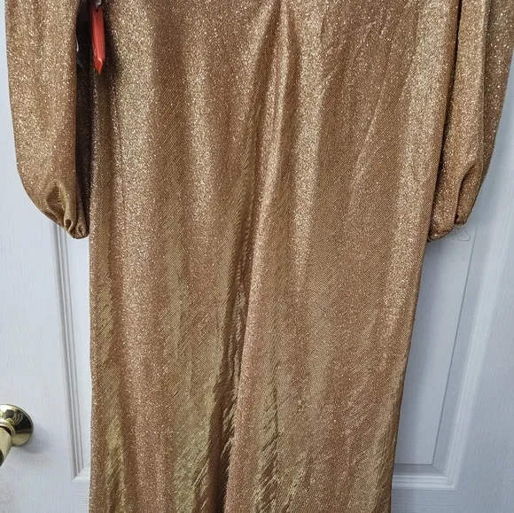 Mac Duggal Draped Glitter Fabric High Neck Puff Sleeve Trumpet Gown SZ 12 NWT
