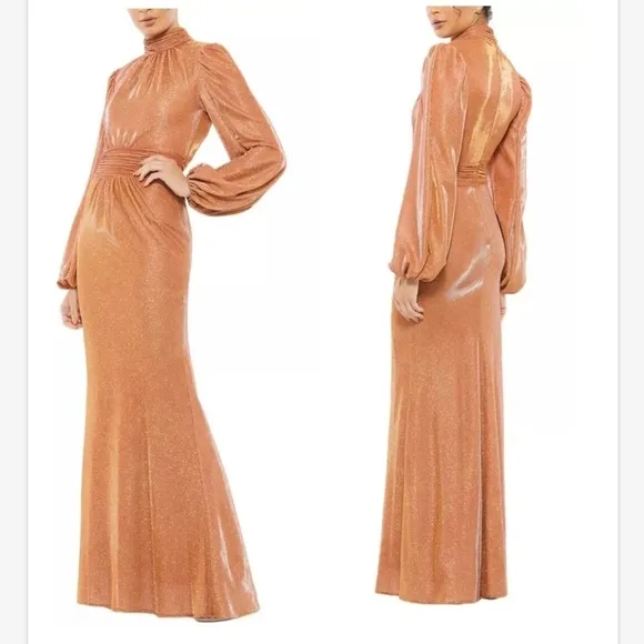 Mac Duggal Draped Glitter Fabric High Neck Puff Sleeve Trumpet Gown SZ 12 NWT