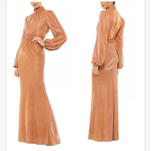 Mac Duggal Draped Glitter Fabric High Neck Puff Sleeve Trumpet Gown SZ 12 NWT