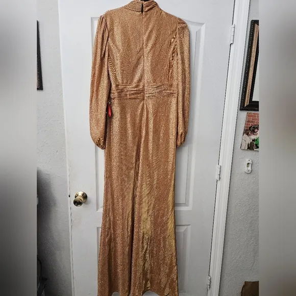 Mac Duggal Draped Glitter Fabric High Neck Puff Sleeve Trumpet Gown SZ 12 NWT