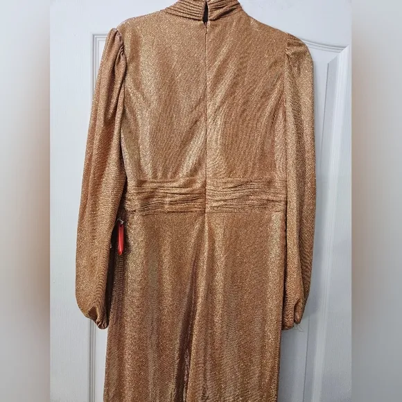 Mac Duggal Draped Glitter Fabric High Neck Puff Sleeve Trumpet Gown SZ 12 NWT