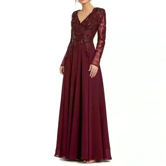 Mac Duggal Embellished Floral Lace V-Neck Illusion Long Sleeve Gown Size 14