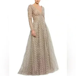 Mac Duggal Embellished Illusion Long Sleeve Wrap Over A Line Gown NWOT