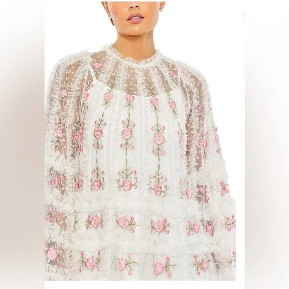 Mac Duggal Embroidered Long Flair Sleeve Mesh A-line Dress NWT