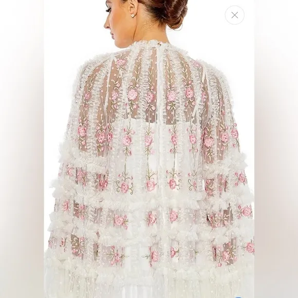Mac Duggal Embroidered Long Flair Sleeve Mesh A-line Dress NWT
