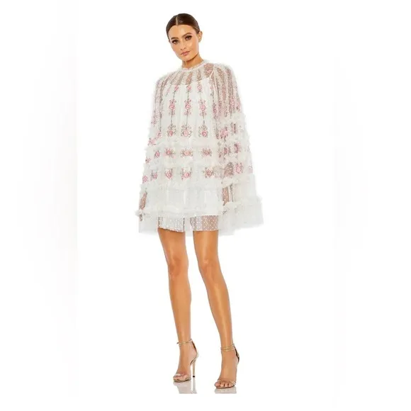 Mac Duggal Embroidered Long Flair Sleeve Mesh A-line Dress NWT