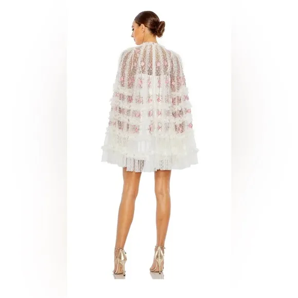 Mac Duggal Embroidered Long Flair Sleeve Mesh A-line Dress NWT