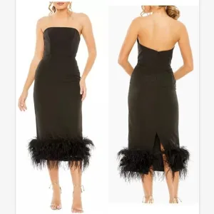 Mac Duggal Feather-Trim Strapless Midi-Dress Black Sz 8 11629