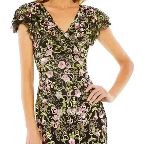 Mac Duggal Floral Embellished Flutter Cap Sleeve Dress NWT