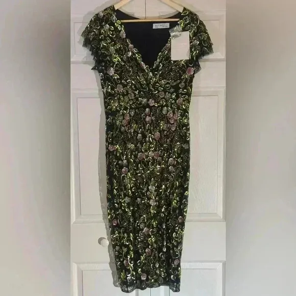 Mac Duggal Floral Embellished Flutter Cap Sleeve Dress NWT