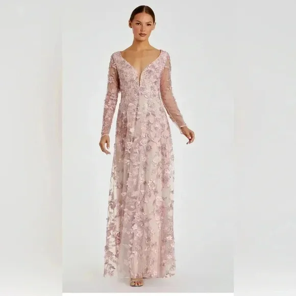 MAC DUGGAL Light Pink Floral Applique Long Sleeve Illusion Gown Style 70224 NWT