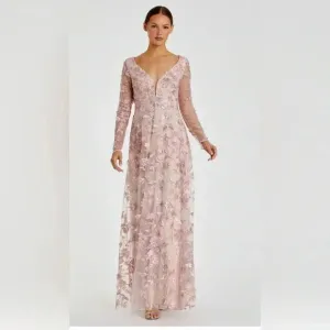 MAC DUGGAL Light Pink Floral Applique Long Sleeve Illusion Gown Style 70224 NWT
