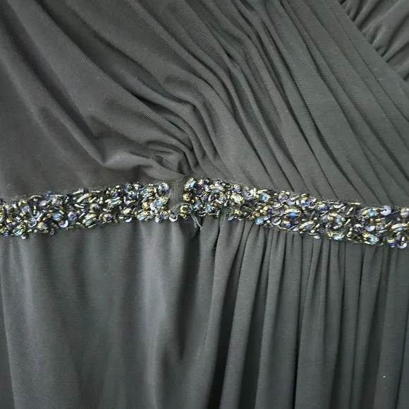Mac Duggal Midnight Blue Beaded Belt Jersey Faux Wrap Long Sleeve Gown SZ 22W