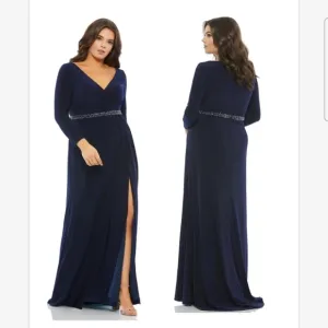 Mac Duggal Midnight Blue Beaded Belt Jersey Faux Wrap Long Sleeve Gown SZ 22W