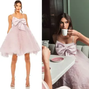 Mac Duggal NEW Rose Pink Satin Bow Front Tulle Baby Doll‎ Mini Dress -  Size 2